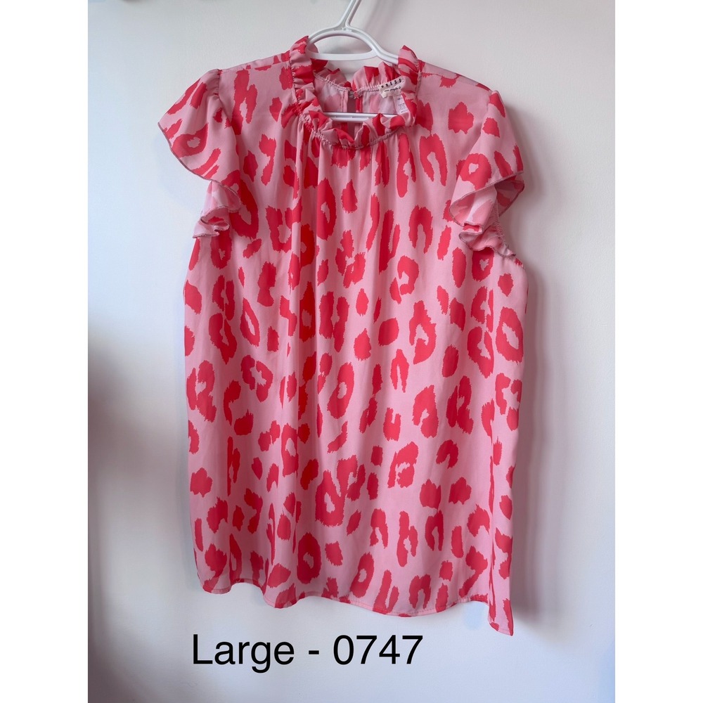 DressUp Pink Leopard Print Ruffle Neck Flutter Sleeve Blouse Top Large 0747
